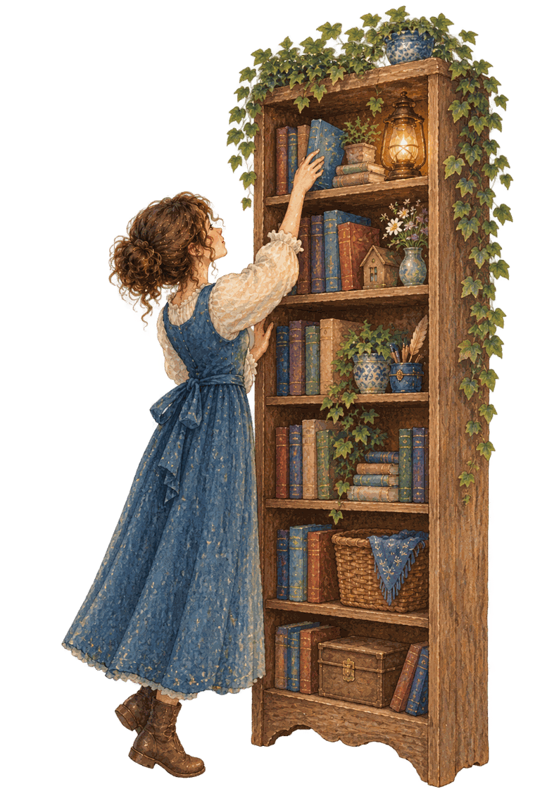 A woman in a blue dress reaching for a book on a tall bookshelf with ivy and a glowing lantern